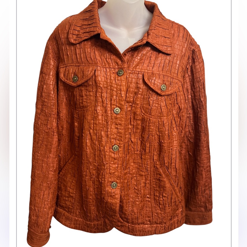 Ruby Rd Plus Size 16W Rust Orange Crinkle Textured Jacket - Picture 2 of 5